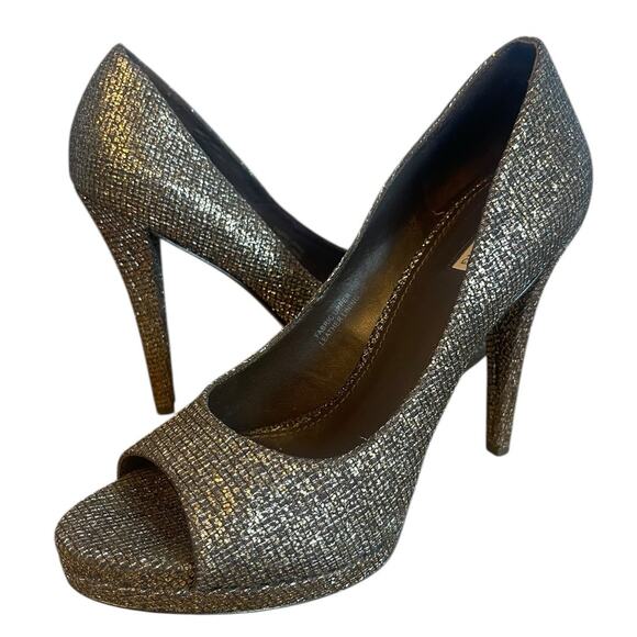 Vera Wang Selima Peep Toe Glitter High Heel Pumps Silver 9 - Picture 1 of 8